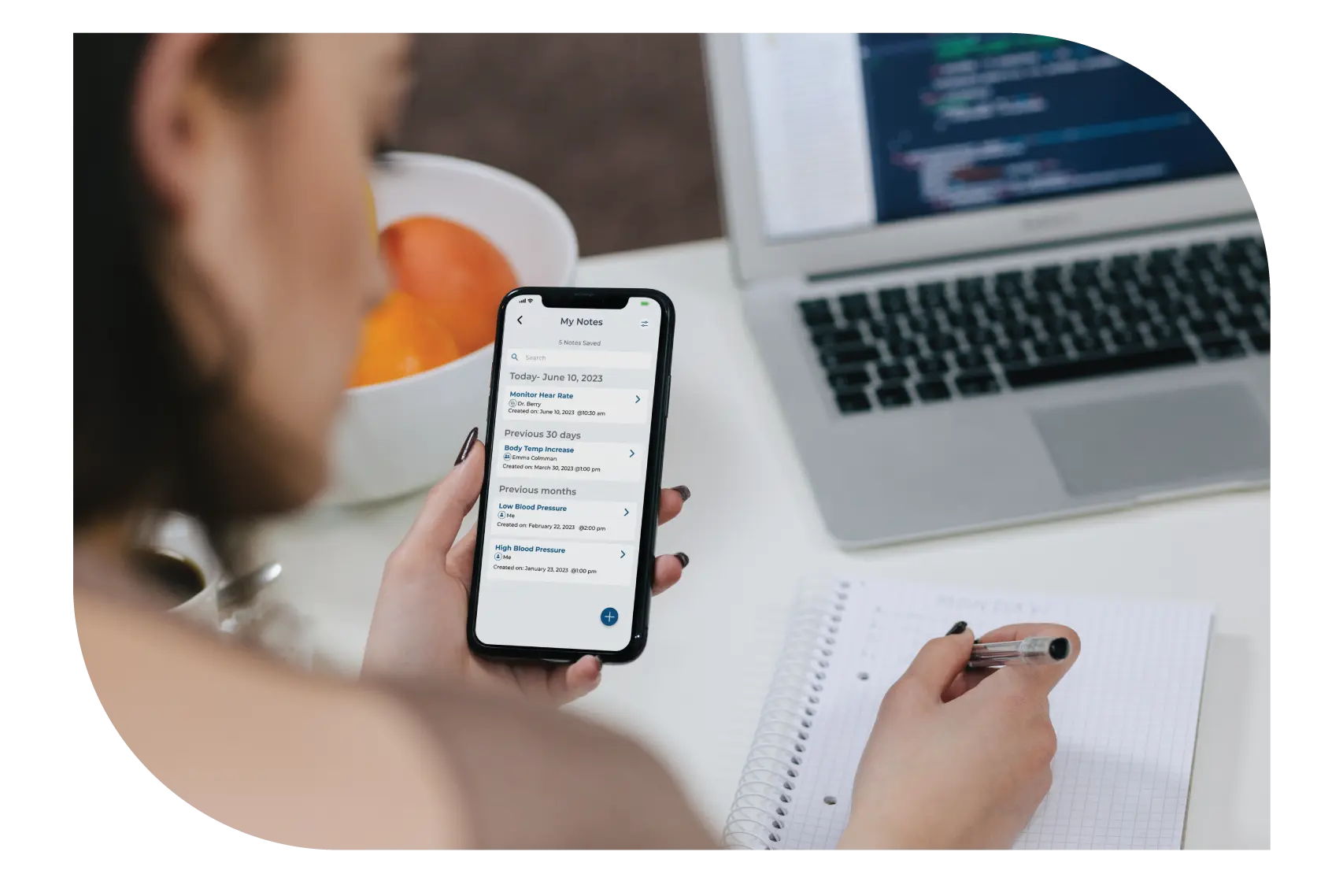 A physician reviewing and transcribing key highlights from notes in the Salyx app for streamlined record-keeping and analysis.